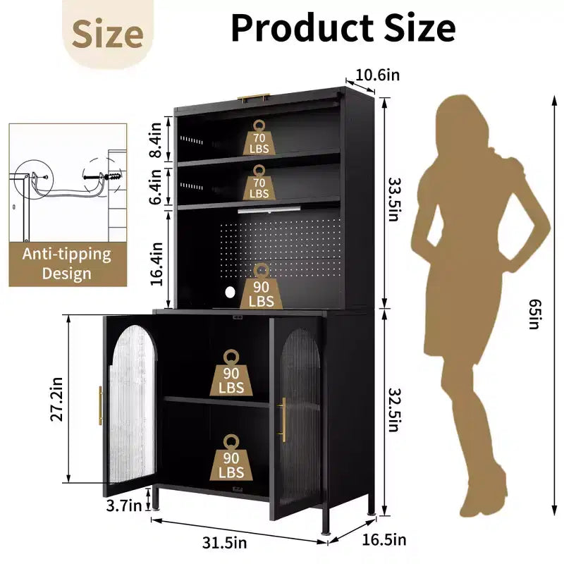 Dispensa da cucina in metallo a 5 ripiani, illuminata a LED, con ripiani regolabili e credenza superiore, per cucina/sala da pranzo