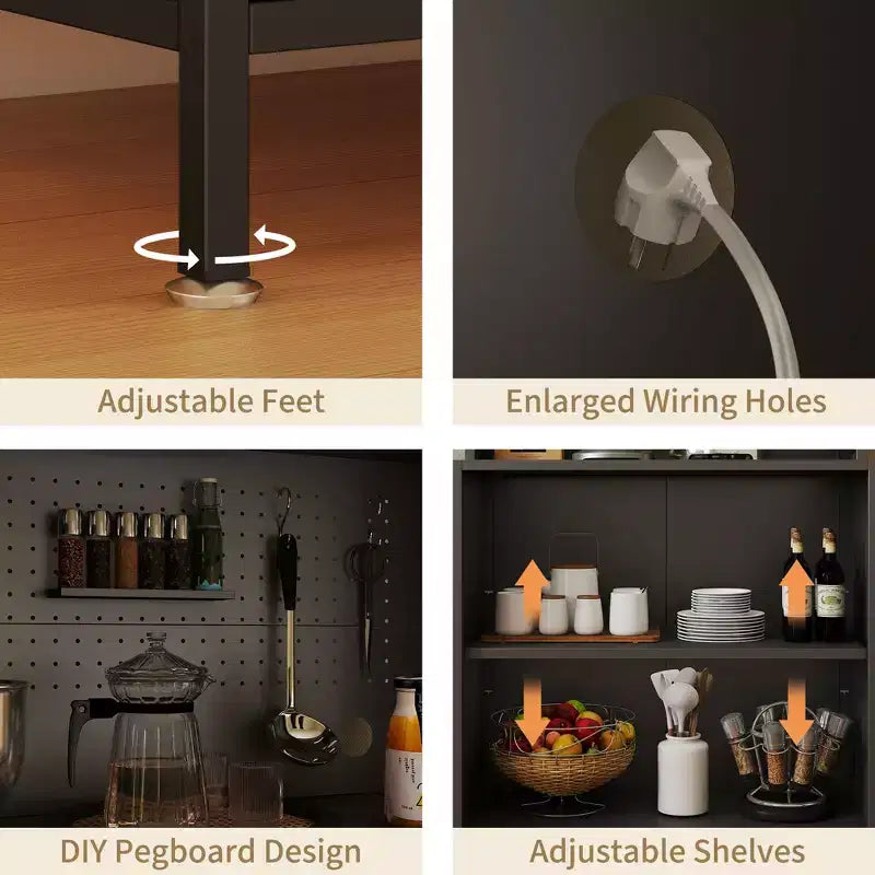 Dispensa da cucina in metallo a 5 ripiani, illuminata a LED, con ripiani regolabili e credenza superiore, per cucina/sala da pranzo