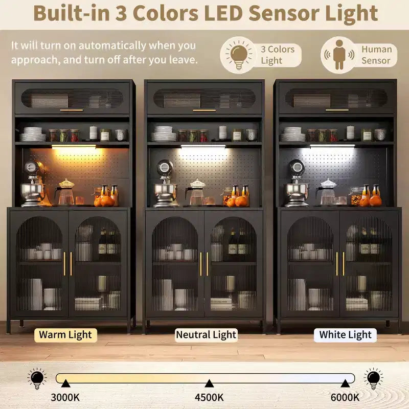 Dispensa da cucina in metallo a 5 ripiani, illuminata a LED, con ripiani regolabili e credenza superiore, per cucina/sala da pranzo