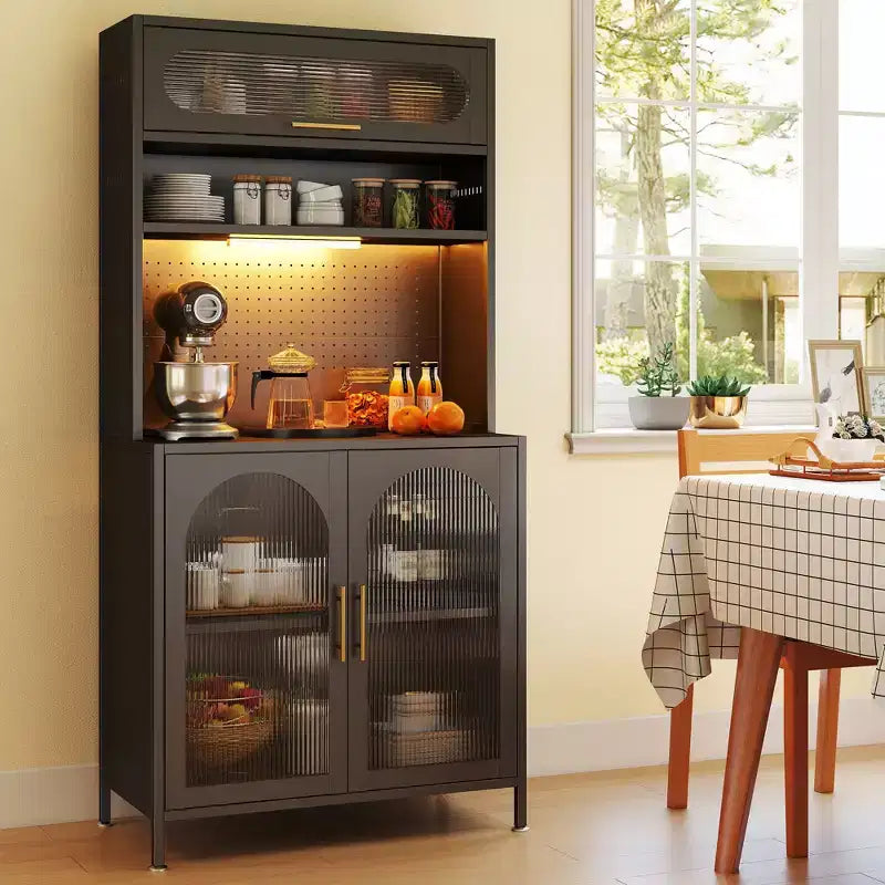 Bekrvio LED-Lit 66 Metal Kitchen Pantry Cabinet, 5-Tier Food Storage with Adjustable Shelves & Hutch Rack for Kitchen/Dining