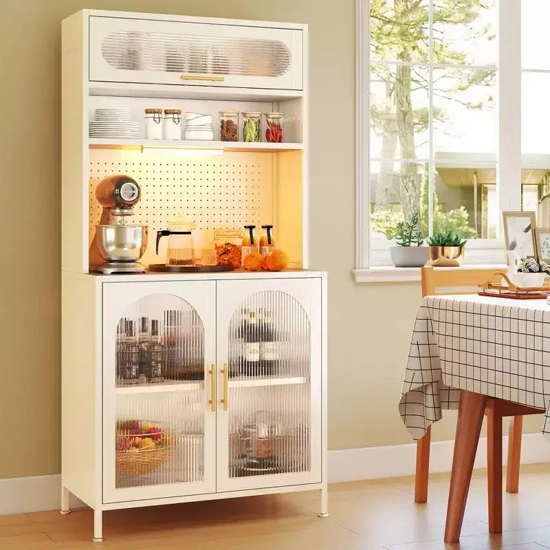 Dispensa da cucina in metallo a 5 ripiani, illuminata a LED, con ripiani regolabili e credenza superiore, per cucina/sala da pranzo