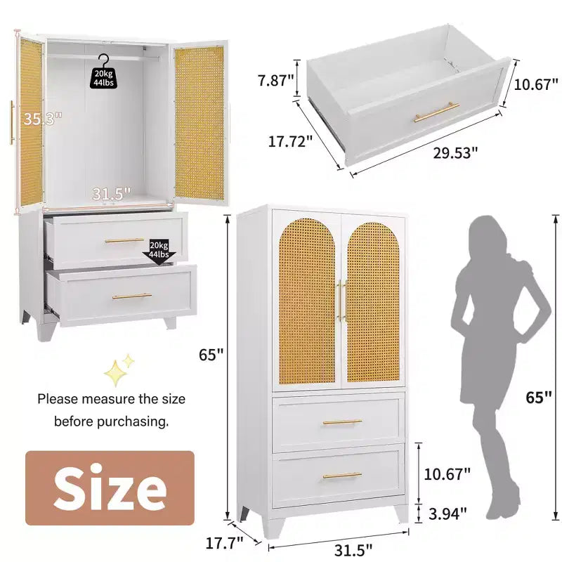 Armadio Guardaroba in Rattan 65" con 2 Cassetti, 2 Ante, Asta Appendiabiti, Mobile Contenitore in Metallo, Armadio Grande Alto in Vimini per Camera da Letto, Bianco