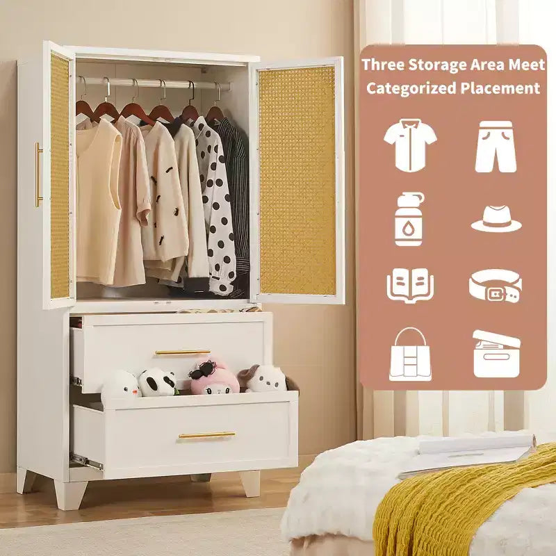 Armadio Guardaroba in Rattan 65" con 2 Cassetti, 2 Ante, Asta Appendiabiti, Mobile Contenitore in Metallo, Armadio Grande Alto in Vimini per Camera da Letto, Bianco
