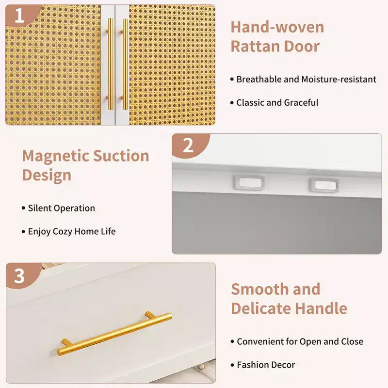 Armadio Guardaroba in Rattan 65" con 2 Cassetti, 2 Ante, Asta Appendiabiti, Mobile Contenitore in Metallo, Armadio Grande Alto in Vimini per Camera da Letto, Bianco