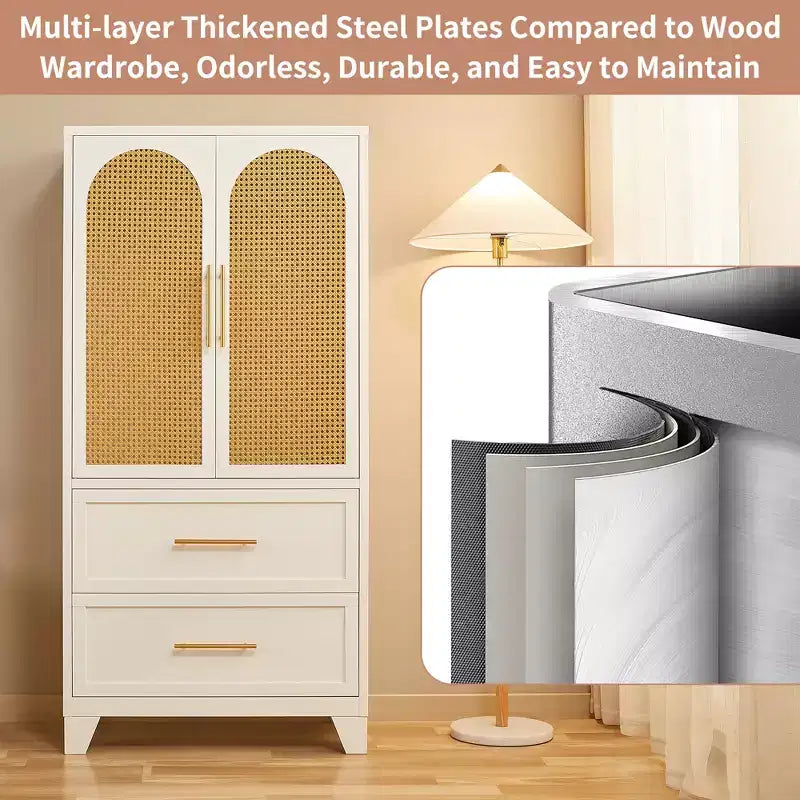 Armadio Guardaroba in Rattan 65" con 2 Cassetti, 2 Ante, Asta Appendiabiti, Mobile Contenitore in Metallo, Armadio Grande Alto in Vimini per Camera da Letto, Bianco