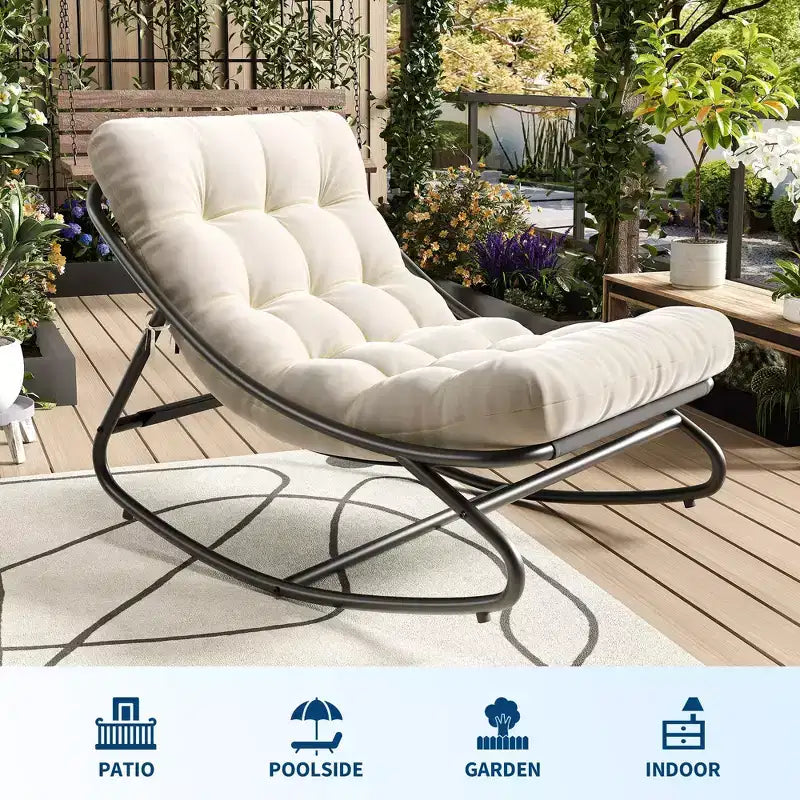 Chaise à bascule d'extérieur pour patio, moderne et confortable avec coussins épais pour balcon, porche ou terrasse, structure métallique robuste