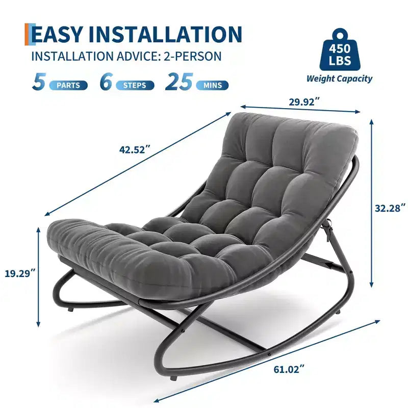 Chaise à bascule d'extérieur pour patio, moderne et confortable avec coussins épais pour balcon, porche ou terrasse, structure métallique robuste