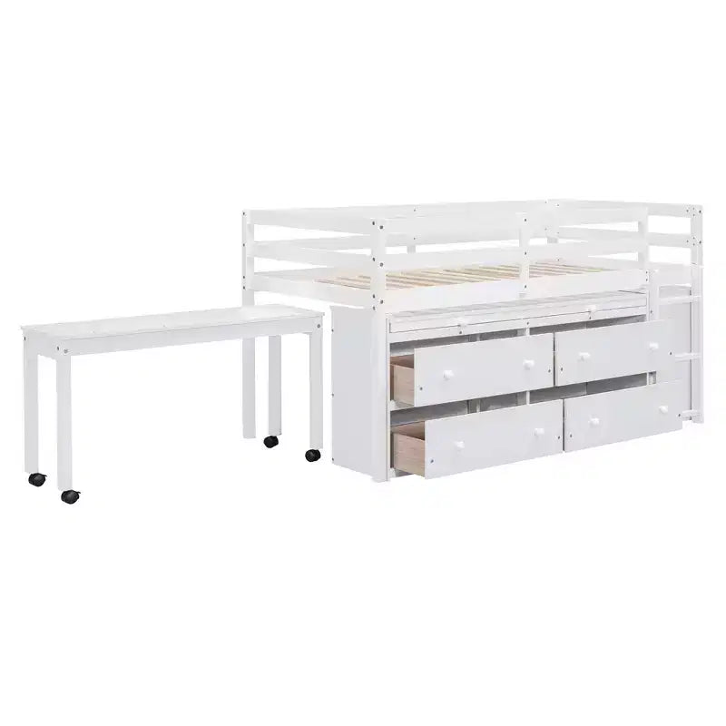Letto a soppalco basso con scrivania estraibile, struttura letto salvaspazio in legno con 4 cassetti e 4 ripiani
