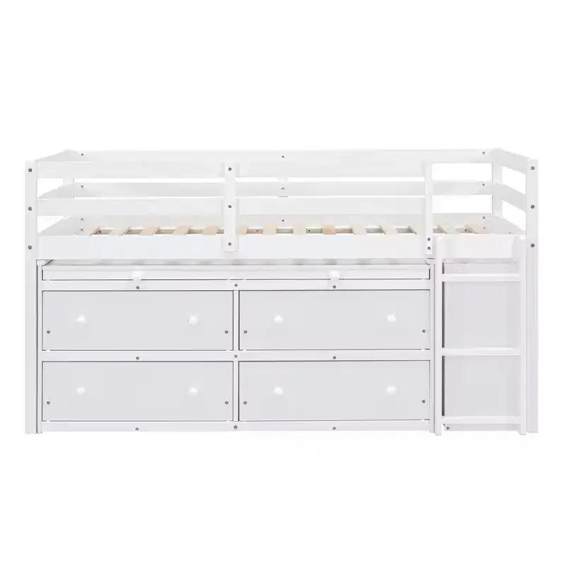 Letto a soppalco basso con scrivania estraibile, struttura letto salvaspazio in legno con 4 cassetti e 4 ripiani