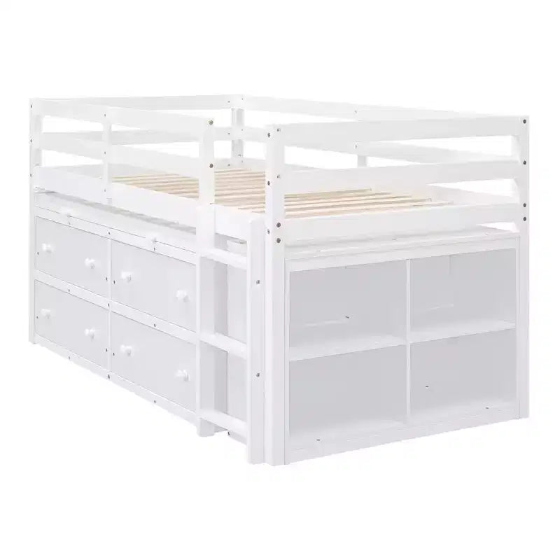 Letto a soppalco basso con scrivania estraibile, struttura letto salvaspazio in legno con 4 cassetti e 4 ripiani