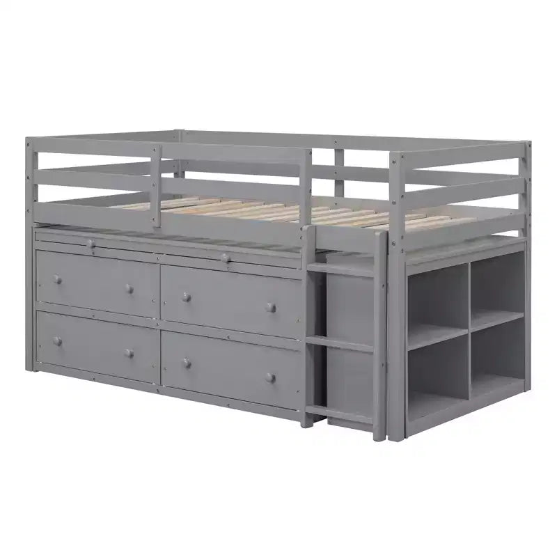Letto a soppalco basso con scrivania estraibile, struttura letto salvaspazio in legno con 4 cassetti e 4 ripiani