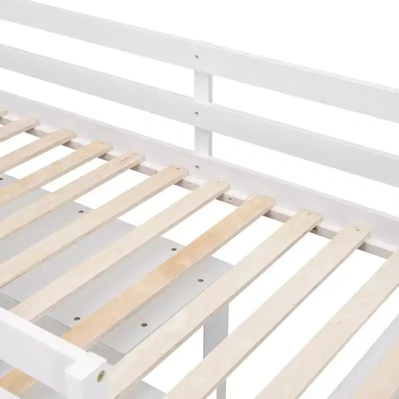 Letto a soppalco basso con scrivania estraibile, struttura letto salvaspazio in legno con 4 cassetti e 4 ripiani