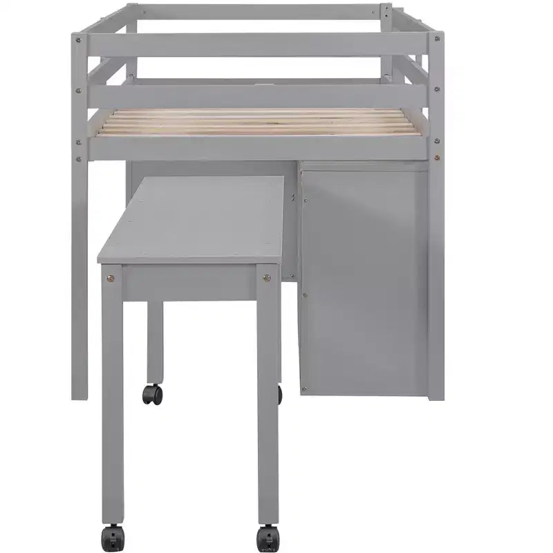 Letto a soppalco basso con scrivania estraibile, struttura letto salvaspazio in legno con 4 cassetti e 4 ripiani