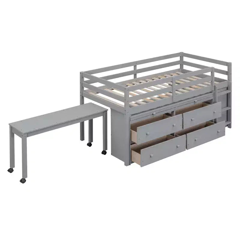 Letto a soppalco basso con scrivania estraibile, struttura letto salvaspazio in legno con 4 cassetti e 4 ripiani
