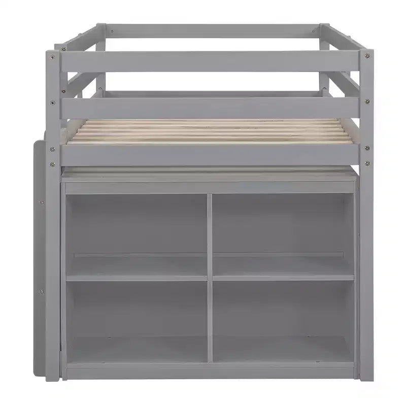 Letto a soppalco basso con scrivania estraibile, struttura letto salvaspazio in legno con 4 cassetti e 4 ripiani