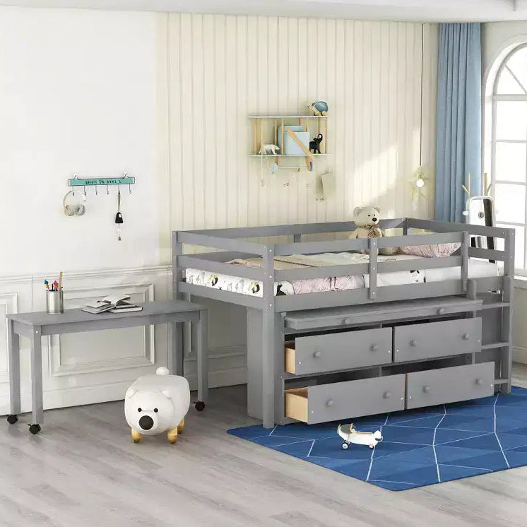 Bellemave Low Loft Bed with Retractable Desk, Space Saving Wooden Bed Frame with 4 Drawers & 4 Shelves