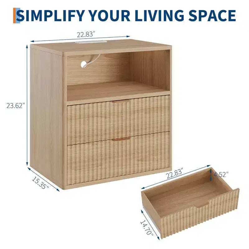 Comodino rustico con scanalature e stazione di ricarica, comodino/tavolino a 2 cassetti in stile moderno di metà secolo da 23" per la camera da letto