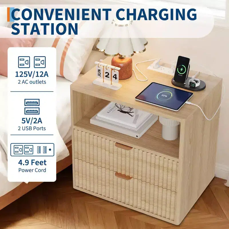 Comodino rustico con scanalature e stazione di ricarica, comodino/tavolino a 2 cassetti in stile moderno di metà secolo da 23" per la camera da letto