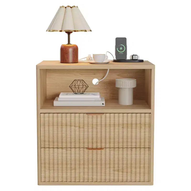 Comodino rustico con scanalature e stazione di ricarica, comodino/tavolino a 2 cassetti in stile moderno di metà secolo da 23" per la camera da letto