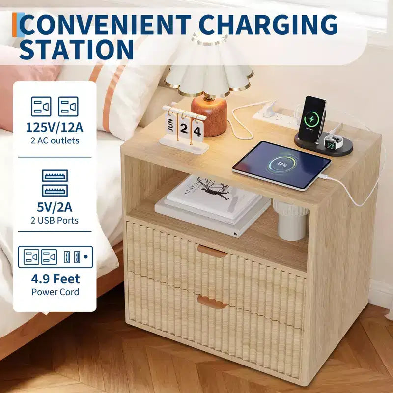 Comodino rustico con scanalature e stazione di ricarica, comodino/tavolino a 2 cassetti in stile moderno di metà secolo da 23" per la camera da letto