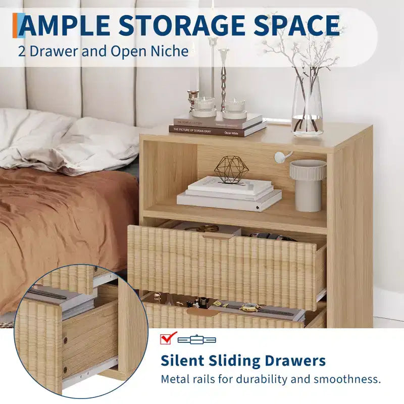 Comodino con scanalature in stile rustico con stazione di ricarica, comodino/tavolino a 2 cassetti in stile moderno di metà secolo da 23" per la camera da letto