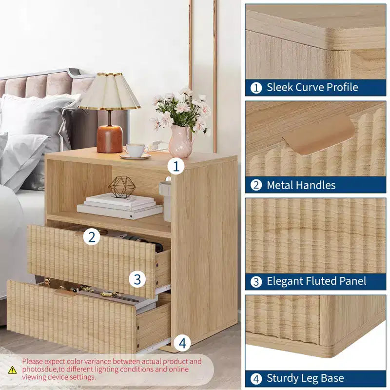 Comodino rustico con scanalature e stazione di ricarica, comodino/tavolino a 2 cassetti in stile moderno di metà secolo da 23" per la camera da letto