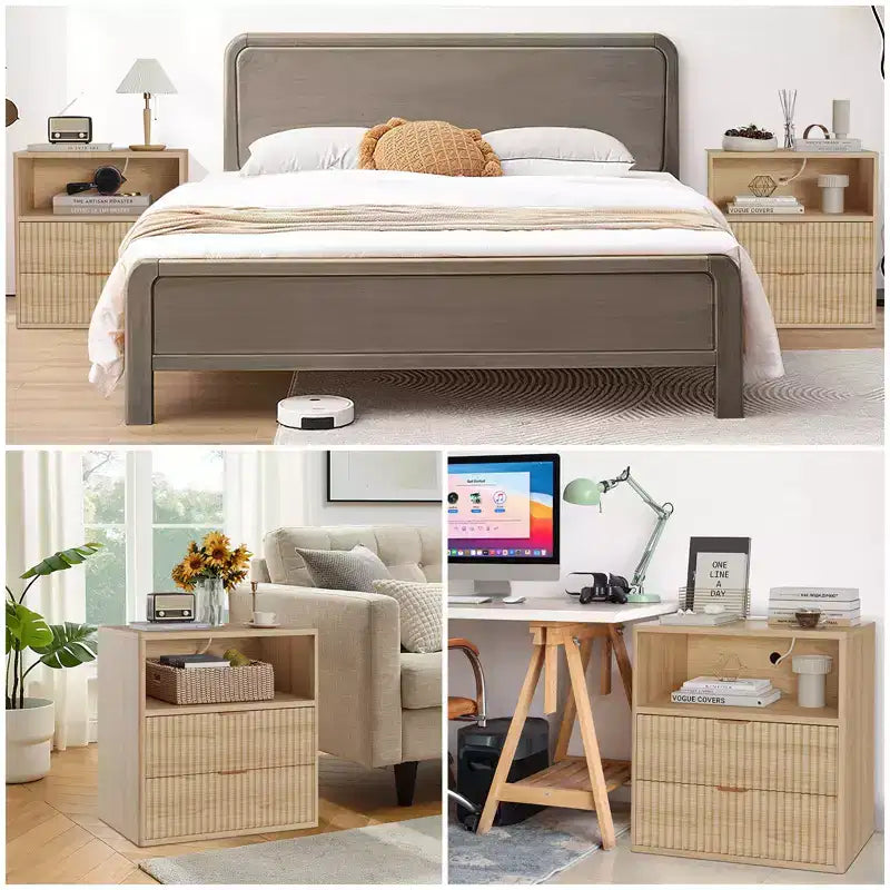 Comodino rustico con scanalature e stazione di ricarica, comodino/tavolino a 2 cassetti in stile moderno di metà secolo da 23" per la camera da letto