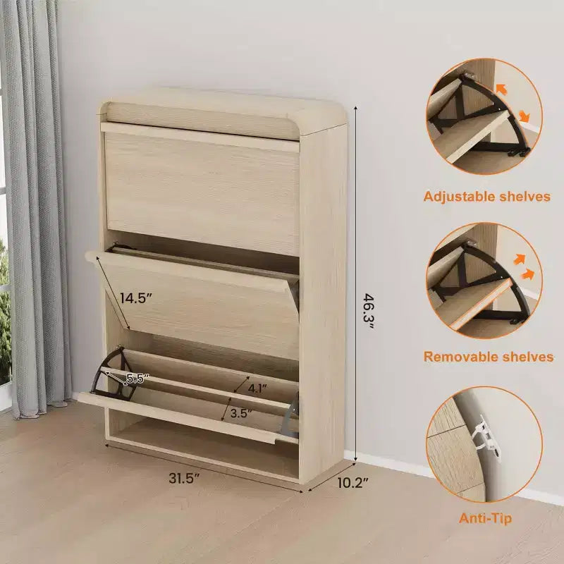 Scarpiera con 3 cassetti a ribalta, scarpiera in legno con ripiano regolabile, scarpiera a scomparsa per l'ingresso, porta scarpe per l'ingresso