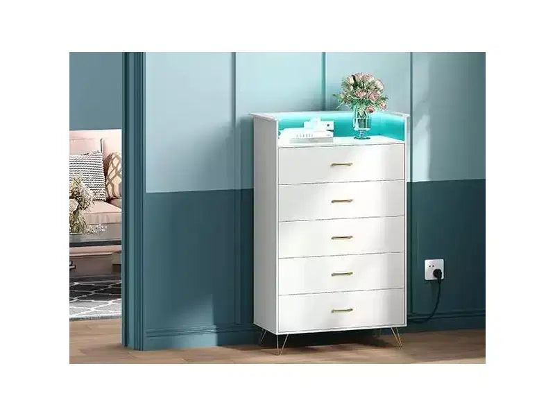5-Drawer Dresser with LED Lights, App-Controlled Charging Station for Living Room, White