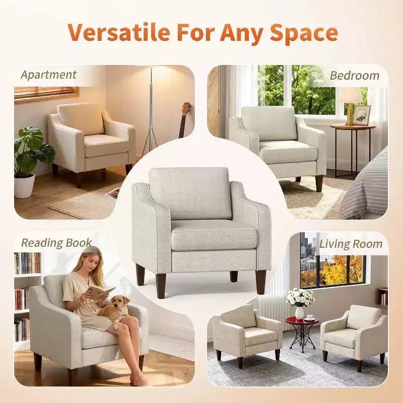 Poltrona d'accento, poltroncina imbottita in tessuto di lino beige con braccioli a conchiglia, comoda poltrona singola per soggiorno, camera da letto, appartamento, ufficio