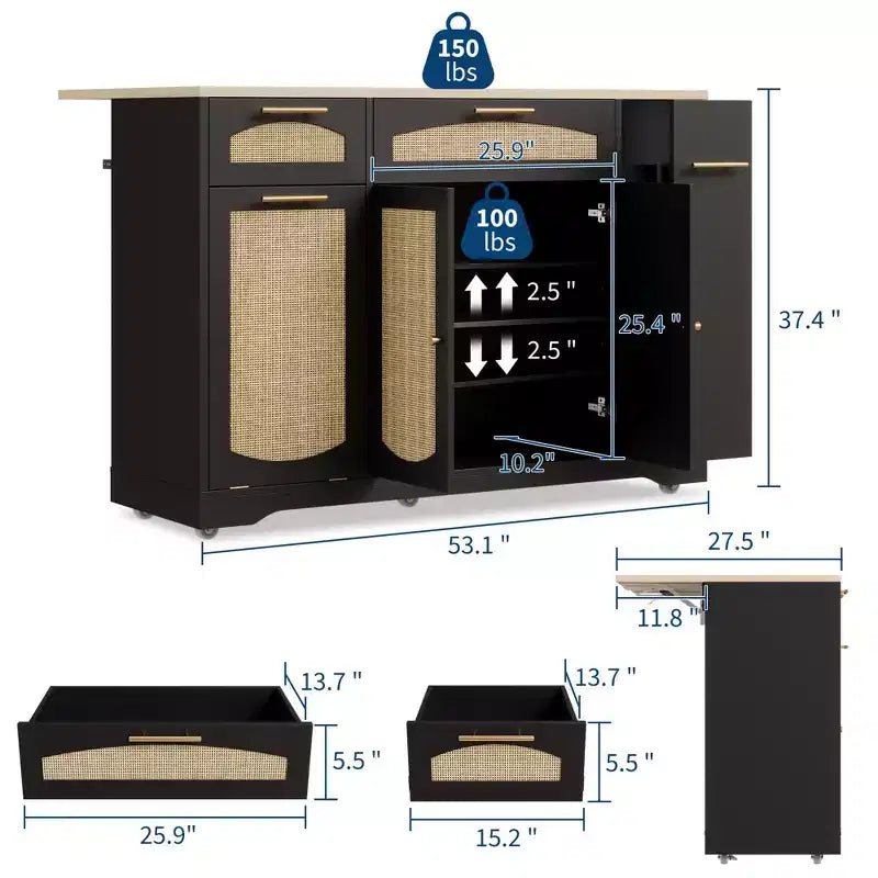 Carrello Cucina Moderno con Ruote, Carrello da Cucina Multifunzionale con Armadietto per Spazzatura, 2 Cassetti, Porta Spezie, Ribalta per Cucina