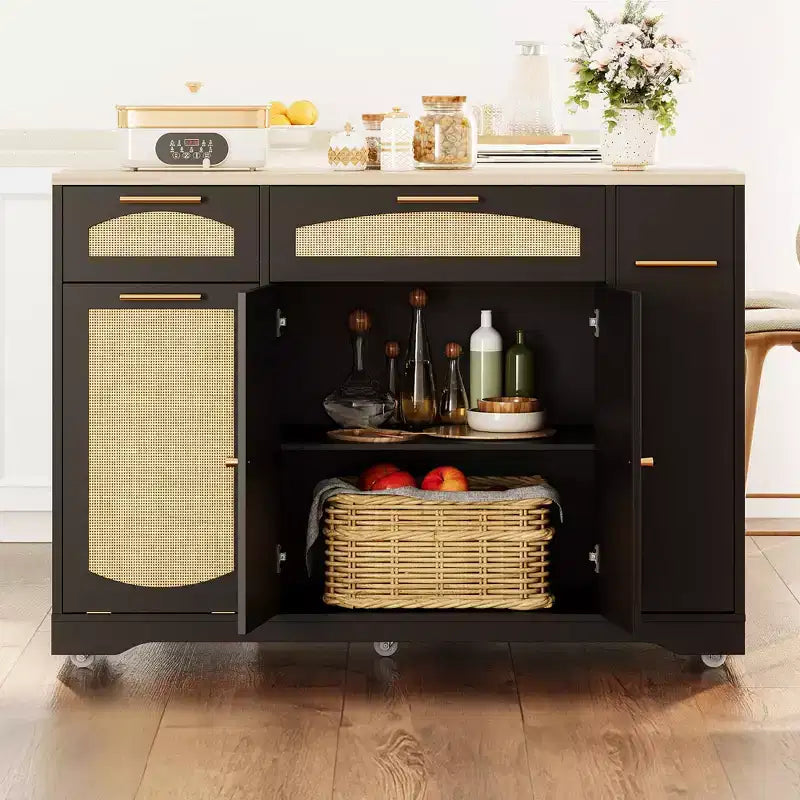 Carrello Cucina Moderno con Ruote, Carrello da Cucina Multifunzionale con Armadietto per Spazzatura, 2 Cassetti, Porta Spezie, Ribalta per Cucina