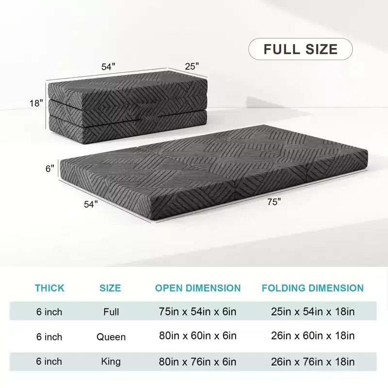 Materasso Pieghevole a Tre Ante in Memory Foam Grafite, Materasso Trifold Portatile Pieghevole, Divano Letto da Terra con Fodera Lavabile e Borsa per il Trasporto