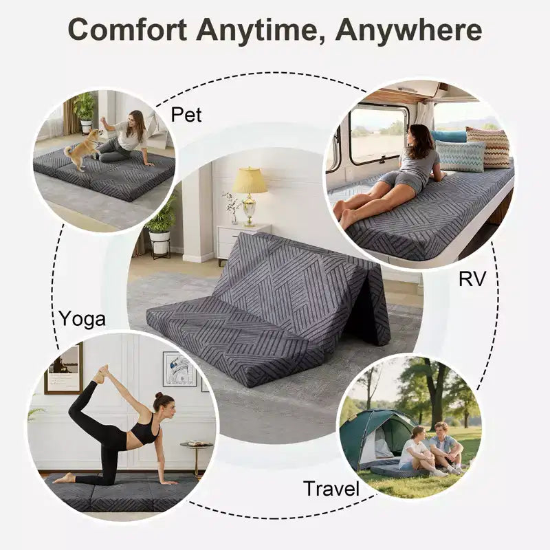 Materasso Pieghevole a Tre Ante in Memory Foam Grafite, Materasso Trifold Portatile Pieghevole, Divano Letto da Terra con Fodera Lavabile e Borsa per il Trasporto