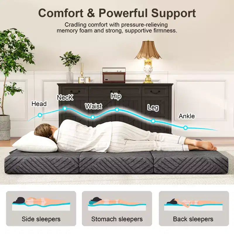 Materasso Pieghevole a Tre Ante in Memory Foam Grafite, Materasso Trifold Portatile Pieghevole, Divano Letto da Terra con Fodera Lavabile e Borsa per il Trasporto
