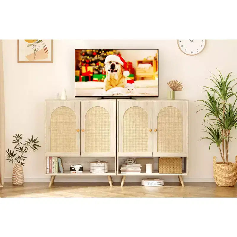 Shoe Rack Organizer, scarpiera in legno a 4 livelli con ripiani regolabili e ante in rattan, scarpiera sottile in rovere per ingresso e soggiorno