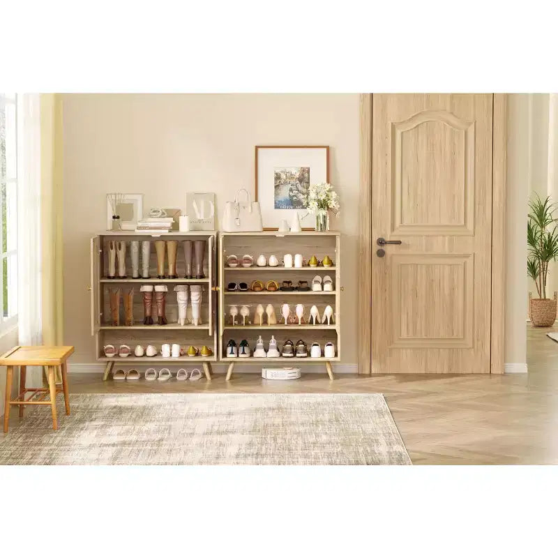 Shoe Rack Organizer, scarpiera in legno a 4 livelli con ripiani regolabili e ante in rattan, scarpiera sottile in rovere per ingresso e soggiorno