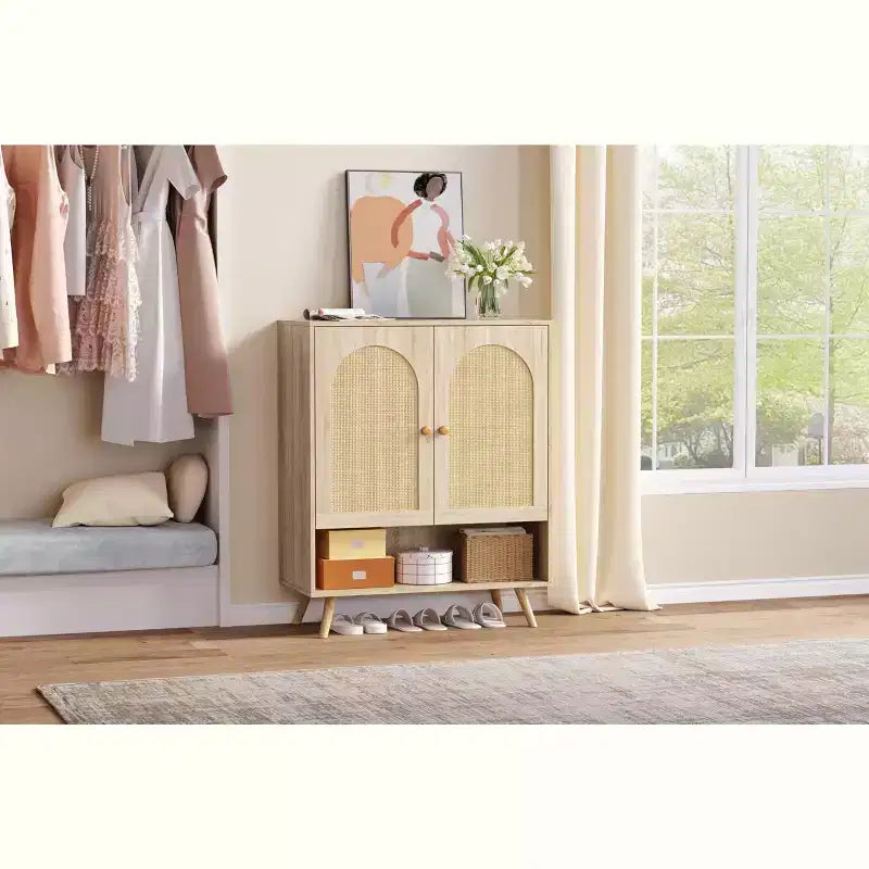 Shoe Rack Organizer, scarpiera in legno a 4 livelli con ripiani regolabili e ante in rattan, scarpiera sottile in rovere per ingresso e soggiorno
