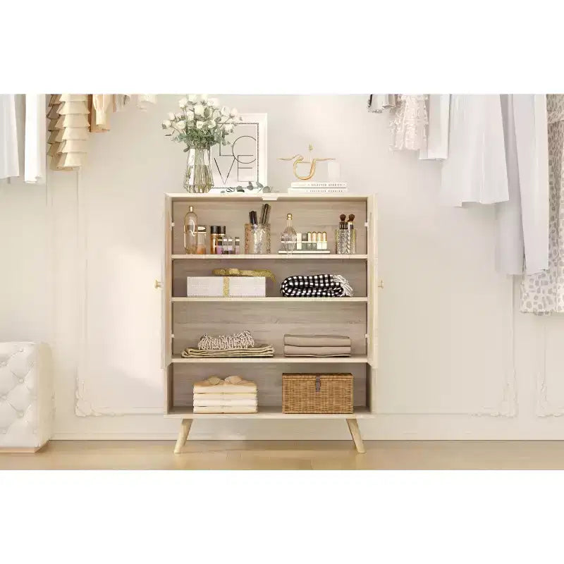 Shoe Rack Organizer, scarpiera in legno a 4 livelli con ripiani regolabili e ante in rattan, scarpiera sottile in rovere per ingresso e soggiorno