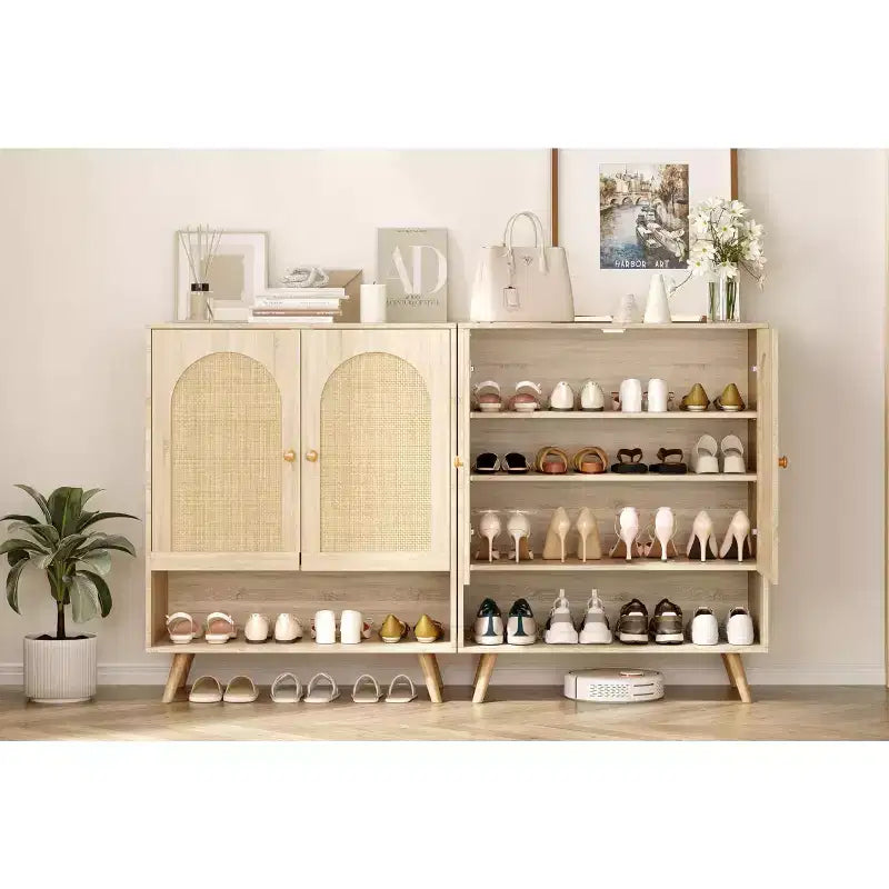 Shoe Rack Organizer, scarpiera in legno a 4 livelli con ripiani regolabili e ante in rattan, scarpiera sottile in rovere per ingresso e soggiorno