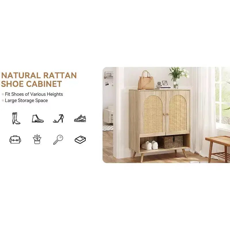 Shoe Rack Organizer, scarpiera in legno a 4 livelli con ripiani regolabili e ante in rattan, scarpiera sottile in rovere per ingresso e soggiorno