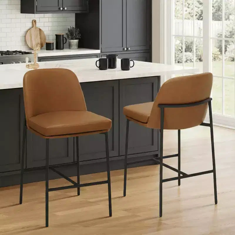 Ora Maison Bar Stools  Leather Counter Height Chairs with Backrest & Metal Legs for Bar, Set of 2, Brown