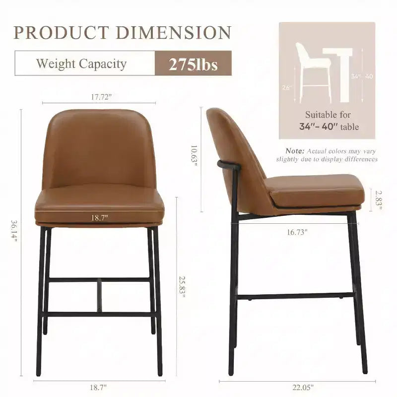 Ora Maison Bar Stools  Leather Counter Height Chairs with Backrest & Metal Legs for Bar, Set of 2, Brown