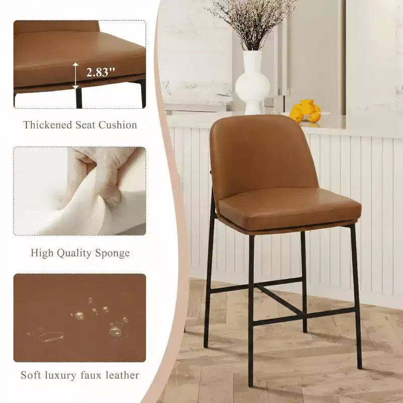 Ora Maison Bar Stools  Leather Counter Height Chairs with Backrest & Metal Legs for Bar, Set of 2, Brown