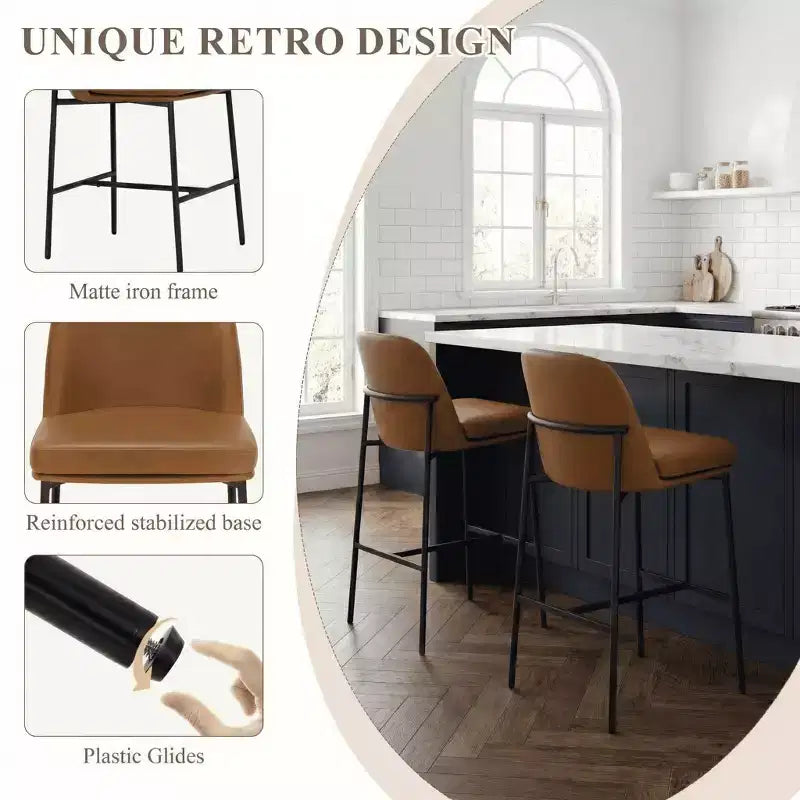 Ora Maison Bar Stools  Leather Counter Height Chairs with Backrest & Metal Legs for Bar, Set of 2, Brown