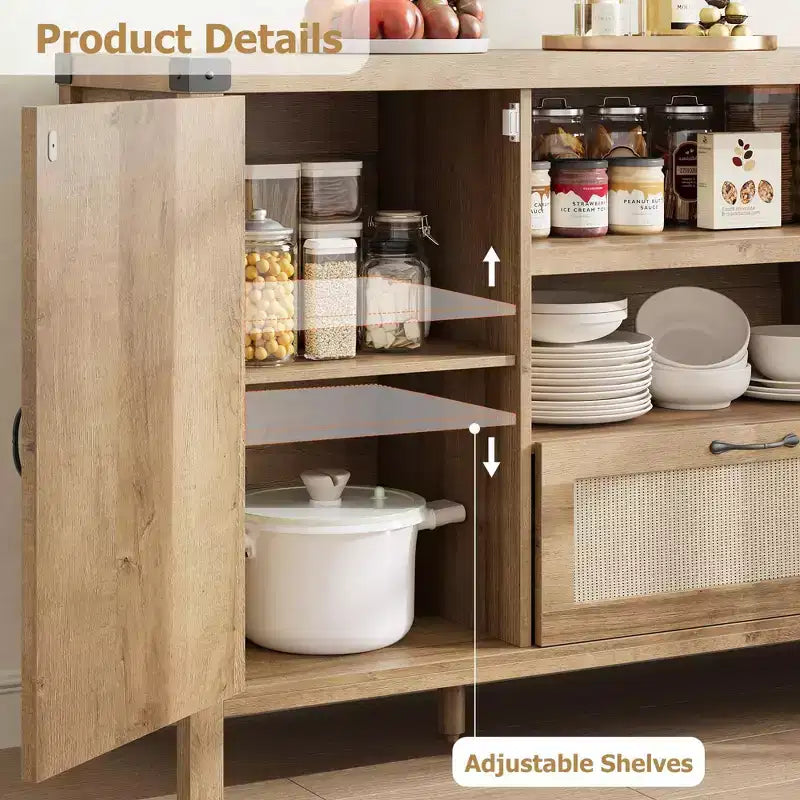 150cm Rattan Rustic Sideboard, Buffet with Drawer and Open Shelves, Boho Storage Cabinet for Dining Room Living Room