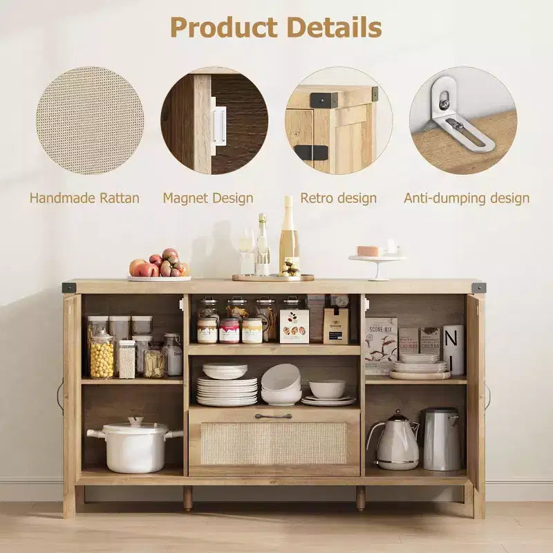 150cm Rattan Rustic Sideboard, Buffet with Drawer and Open Shelves, Boho Storage Cabinet for Dining Room Living Room