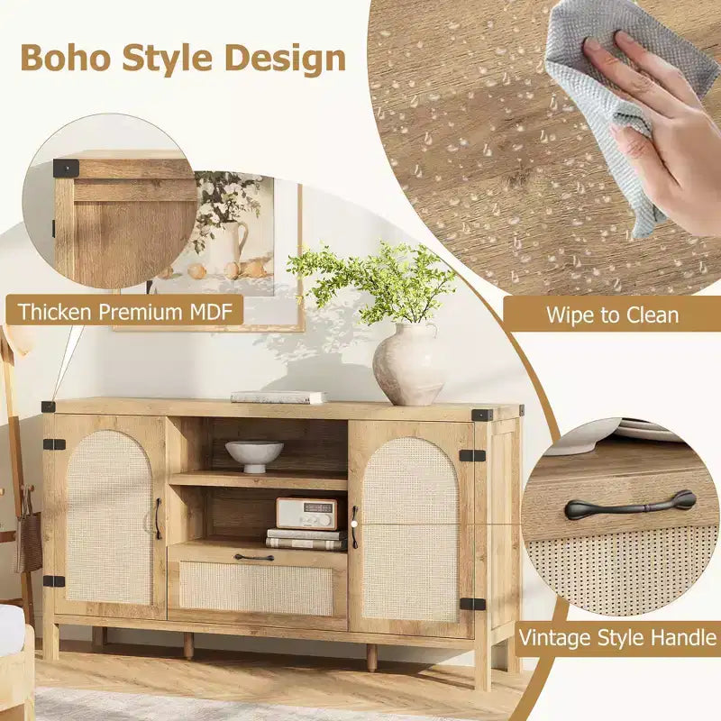 150cm Rattan Rustic Sideboard, Buffet with Drawer and Open Shelves, Boho Storage Cabinet for Dining Room Living Room