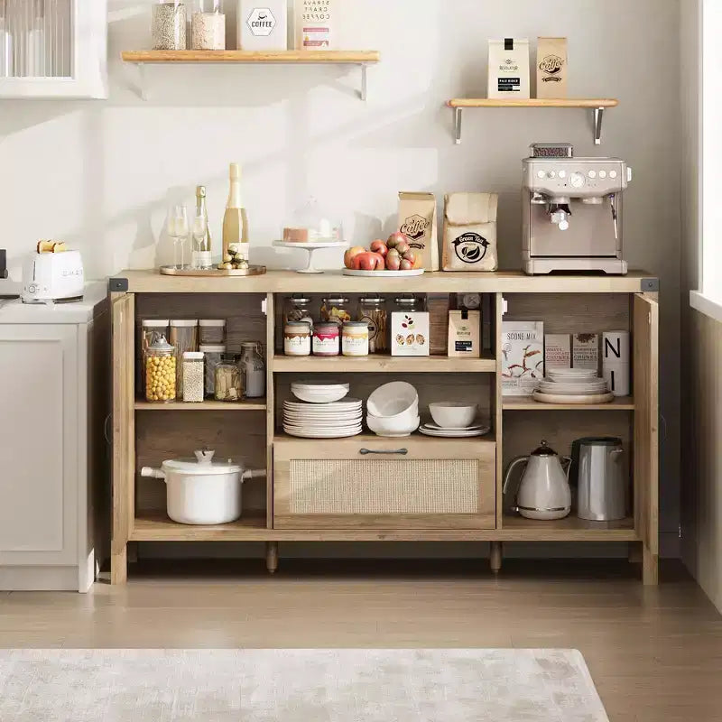 150cm Rattan Rustic Sideboard, Buffet with Drawer and Open Shelves, Boho Storage Cabinet for Dining Room Living Room