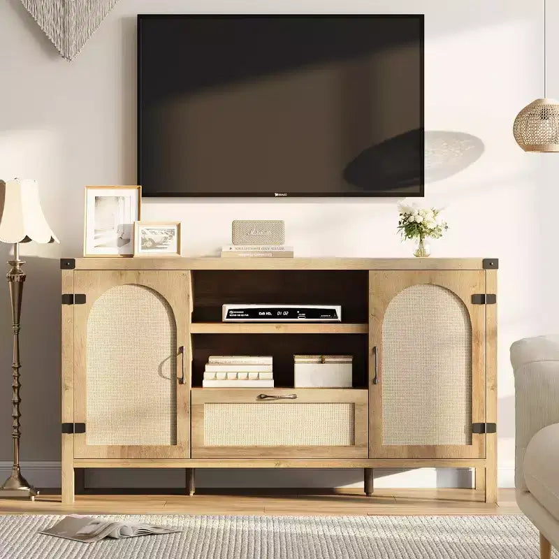 150cm Rattan Rustic Sideboard, Buffet with Drawer and Open Shelves, Boho Storage Cabinet for Dining Room Living Room